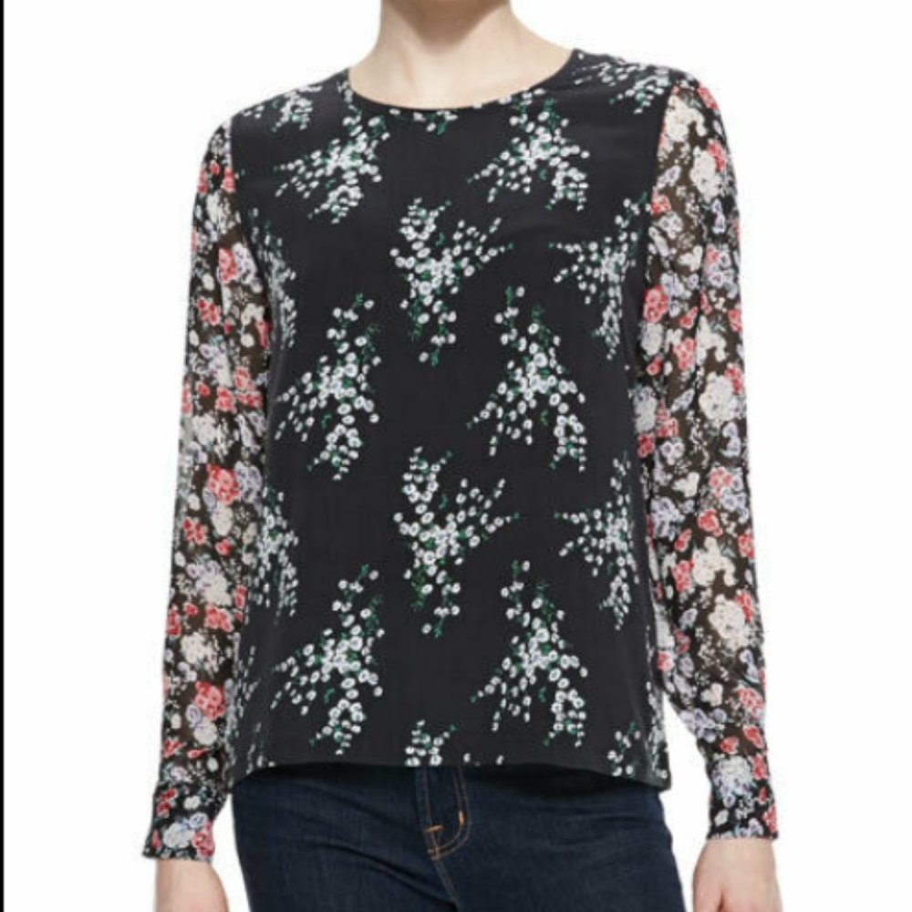 Equipment Black Liam Floral 100% Silk Sheer Sleeve Blouse